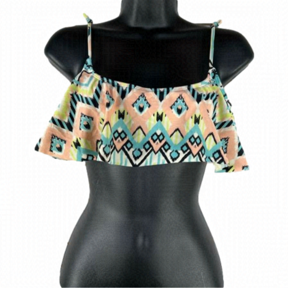 AZTEC Tribal Print La Hearts Bikini Top with Ruffles Size: Medium